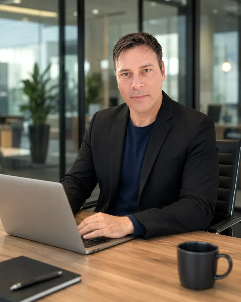 Mauricio Ruiz sentado à mesa em escritório moderno, com laptop, blazer preto sobre camiseta azul-marinho